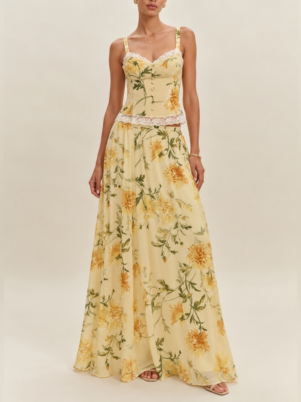 Reformation Women’s Lisette Top Gemma Maxi Skirt Honeyglow Floral Yellow Set 6